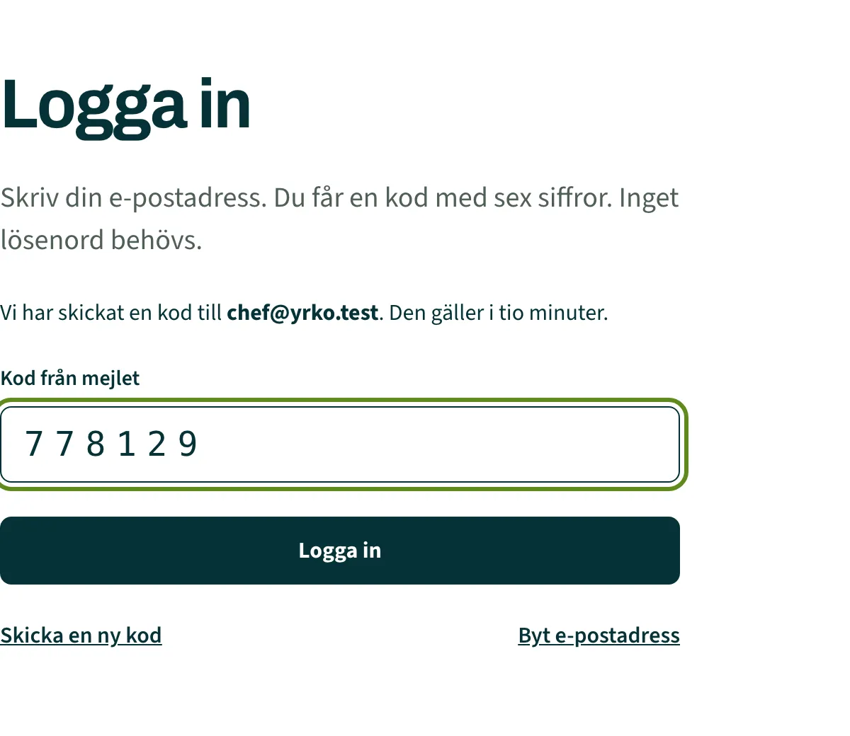 Inloggningssidan i Yrkos app med fältet för koden från mejlet
