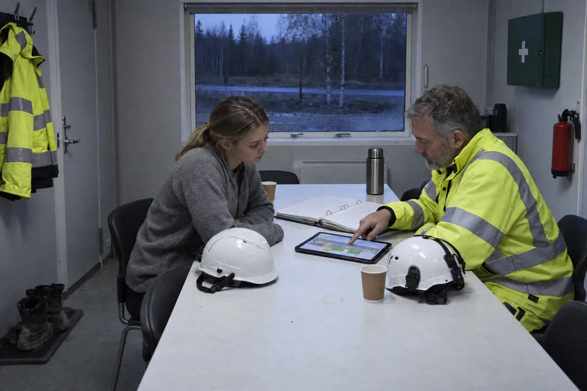 Arbetsledaren går igenom dagen med en ny vägarbetare i bodan