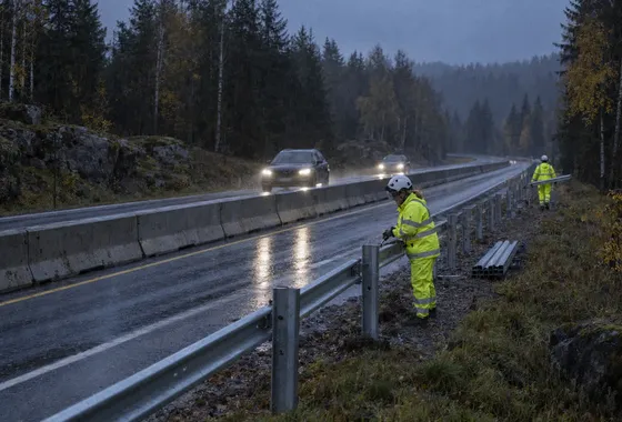Vägarbetare vid räcket i regn