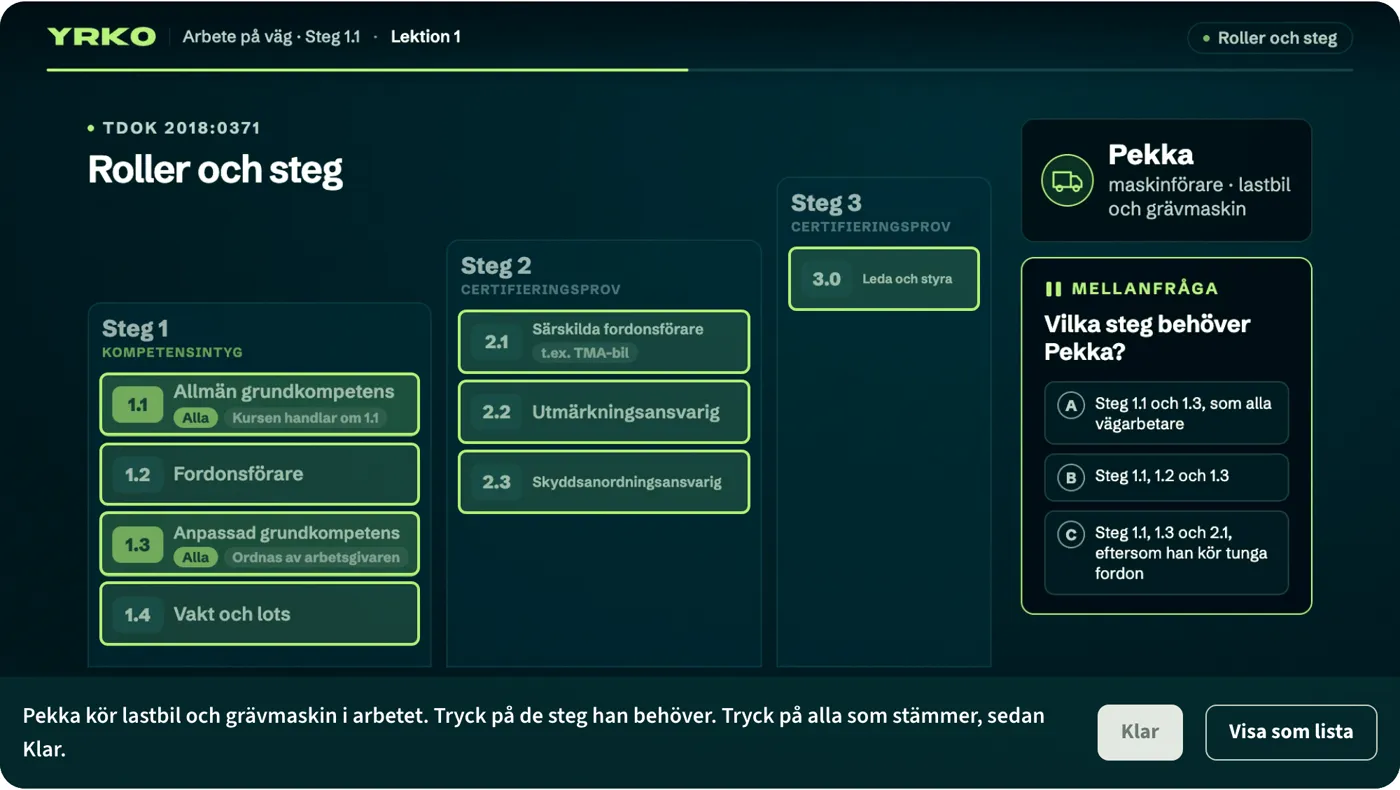 Lektion 1 pausad vid en mellanfråga om vilka APV-steg en maskinförare behöver