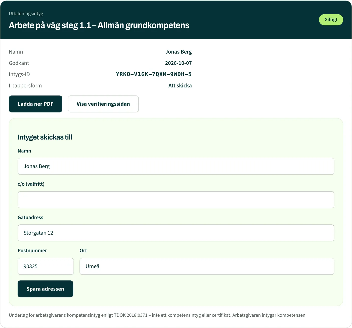 Mina intyg med ett giltigt utbildningsintyg, intygs-ID och knappen Ladda ner PDF
