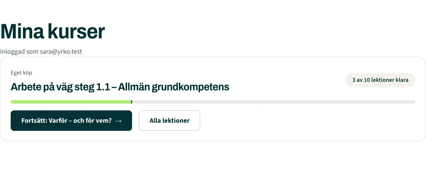 Mina kurser med APV steg 1.1, tre av tio lektioner klara och knappen Fortsätt