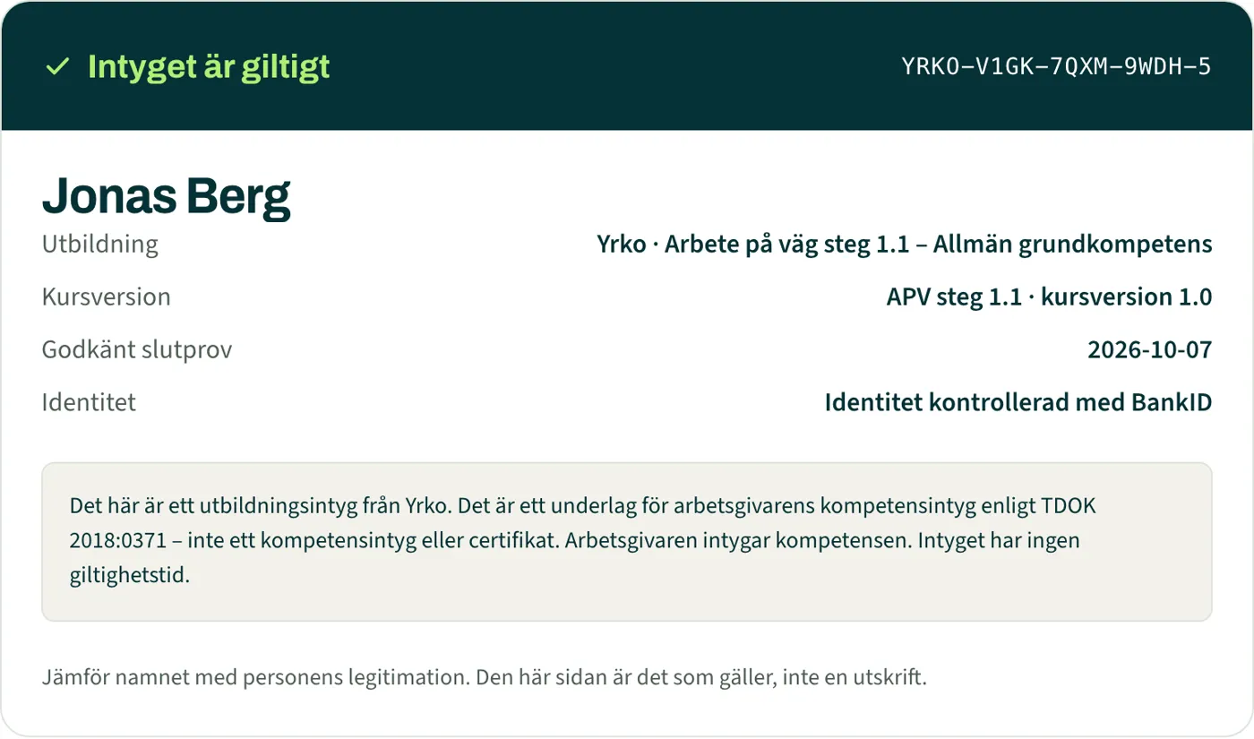 Verifieringssidan som visar att intyget är giltigt